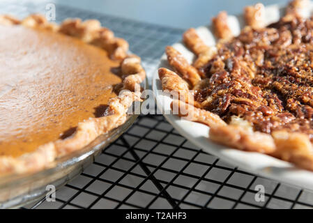 Pumpkin and pecan pies on a cooling rack Stock Photo