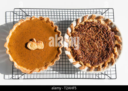 Pumpkin and pecan pies on a cooling rack Stock Photo