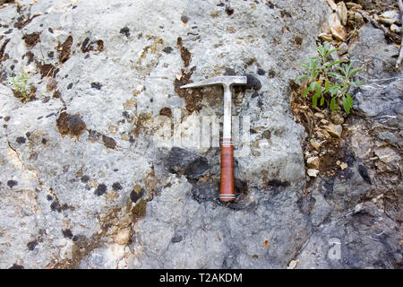 Geological hammer on the rock Stock Photo