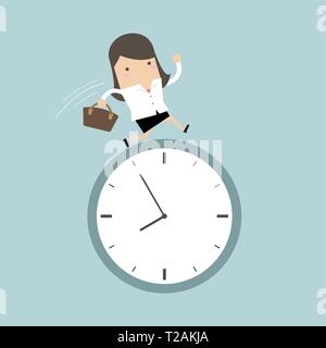 Businesswoman running on clock. Stock Vector