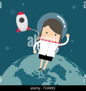 Businesswoman outside a rocket in space. Stock Vector