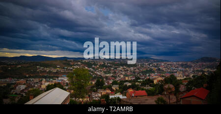 Aerial panoramic view to Fianarantsoa city at sunset in Madagascar Stock Photo