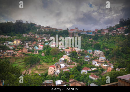 Aerial panoramic view to Fianarantsoa city at sunset in Madagascar Stock Photo