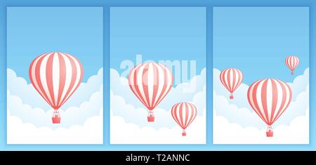 Hot air balloon cloud scape vector illustration. Collection of carnival design or romantic adventure offer with red striped hot air balloons in white cloud on summer blue sky. Clipping mask applied. Stock Vector
