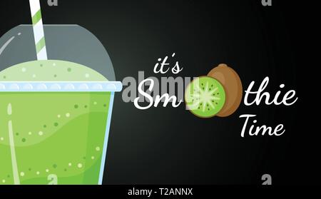 Green kiwi smoothie vitamin drink vector illustration. Vegetarian smoothies drink with green layers in glass. Raw kiwi fruit and smoothie logo Stock Vector