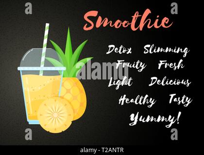 Yellow smoothie pineapple cocktail flat vector illustration. Smoothie sign on black background, glass with cup and straw, filled with tasty yellow smoothies drink for natural restaurant food banner Stock Vector