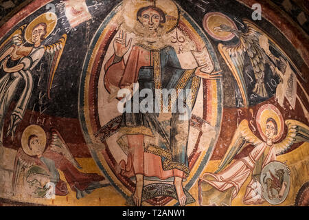 Romanesque art in the National Art Museum of Catalonia,Barcrelona,Apse of Engolasters (1160 AC) fron Andorra. Stock Photo