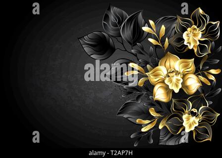 Golden Leaves - Floral Composition With Monsters on a Black Background