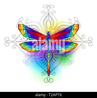 Bright, rainbow, polygonal dragonfly on white background, painted with watercolor. Stock Vector
