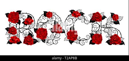 Creative inscription rock of woven black, thorny stems with red realistic roses, painted in tattoo style on white background. Stock Vector