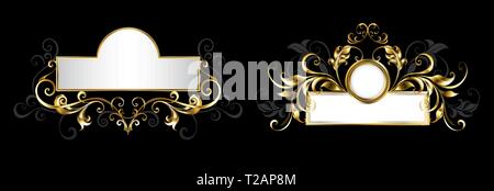 Two antique, ornate nameplates with patterned frame of gold and gray leaves on black background. Stock Vector