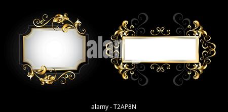 Two small antique banners with gold, patterned, glittery jewelry frames on black background. Stock Vector