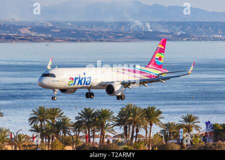 Eilat, Israel – February 20, 2019: Arkia Airbus A321neo airplane at Eilat airport (ETH) in Israel. | usage worldwide