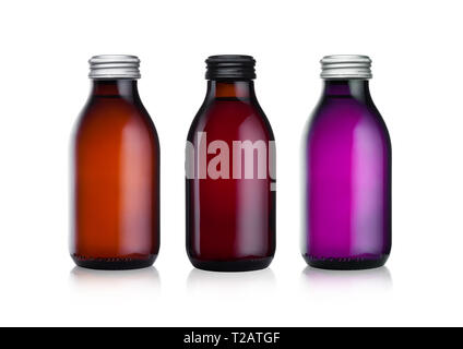 Glass bottles of botanical energy drink with black and silver cap on white background Stock Photo