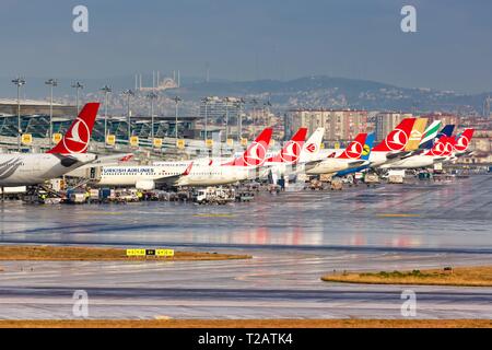 Istanbul, Turkey – February 15, 2019: Airplanes at Istanbul Ataturk Airport (IST) in Turkey. | usage worldwide Stock Photo