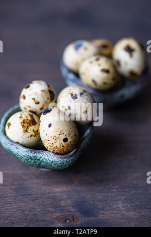 Easter holiday natural composition with first spring flowers like tricolor violas and primerose , colored eggs Stock Photo