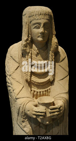 Great Lady Offerant, detail. 3rd century BC. Iberian Culture. Female sculpture in offering attitude. Dressed in three overlapping tunics, the upper one tied to the neck with a fibula type La Tene, indicating his high social status. Identified as part of a rite of passage of age. From the Shrine of Cerro de los Santos (Montealegre del Castillo, province of Albacete, Castile-La Mancha, Spain). National Archaeological Museum. Madrid. Spain. Stock Photo