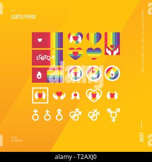 Support LGBT Pride. Colorful icons, rainbow. Heart in hands. Love. Care. LGBT symbol. Stock Vector
