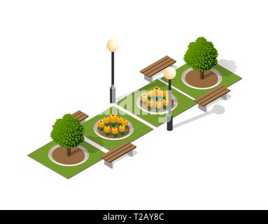 Park nature with trees landscape isometric city with benches and lanterns Stock Vector