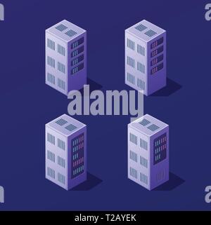 Isometric 3D set blockchain data center computer objects, cryptocurrency server hosting, cloud storage place. Violet vector illustration Stock Vector