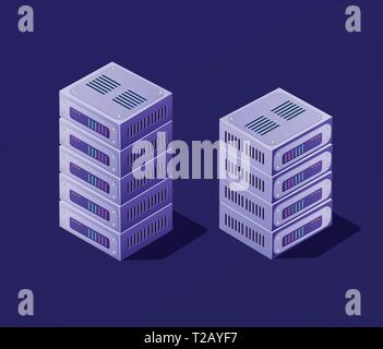 Isometric 3D set blockchain data center computer objects, cryptocurrency server hosting, cloud storage place. Violet vector illustration Stock Vector