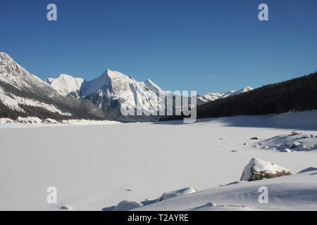 Snow shoeing on Medicine Lake, Jasper National Park, Jasper Alberta, l Stock Photo