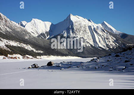 Snow shoeing on Medicine Lake, Jasper National Park, Jasper Alberta, l Stock Photo
