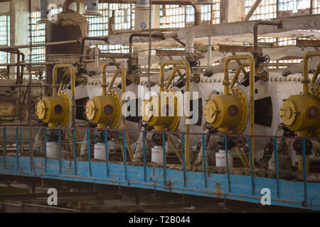 Theme industry and processing of agricultural crops. Equipment and machinery inside the old sugar factory of Soviet times Stock Photo