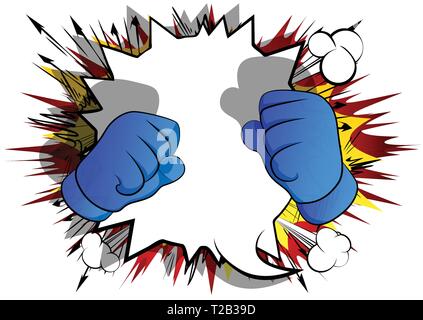 Vector cartoon hands ready to fight. Illustrated hand sign on comic book background. Stock Vector