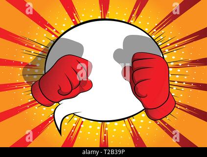 Vector cartoon hands ready to fight. Illustrated hand sign on comic book background. Stock Vector