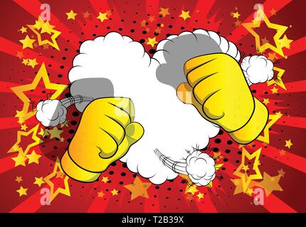 Vector cartoon hands ready to fight. Illustrated hand sign on comic book background. Stock Vector