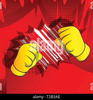 Vector cartoon hands ready to fight. Illustrated hand sign on comic book background. Stock Vector