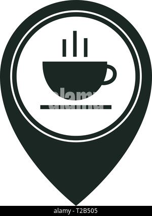 Map pointer with hot coffee cup icon isolated on white background. Food and drink pointer. Vector illustration Stock Vector
