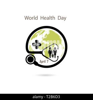 Family icon,Globe sign and stethoscope vector logo design template.World Health Day icon.World Health Day idea campaign concept.Vector illustration Stock Vector