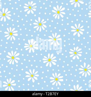 Minimal cute hand-painted daisies and polka dots on sky blue background vector seamless patters. Spring summer graphic print. Perfect for textiles, st Stock Vector