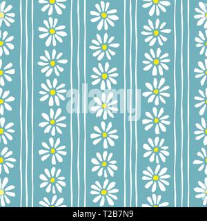 Minimal cute hand-painted daisies and stripes on teal background vector seamless patters. Spring summer graphic print. Perfect for textiles, stationer Stock Vector