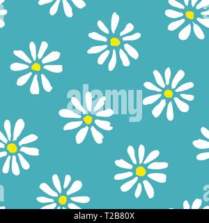 Minimal cute hand-painted large daisies on teal background vector seamless patters. Spring summer graphic print. Perfect for textiles, stationery Stock Vector