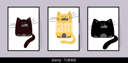 Three cats. Posters with different funny animal characters. Black, red and brown cats with large whiskers. Cartoon animals - thick, long and medium. V Stock Vector