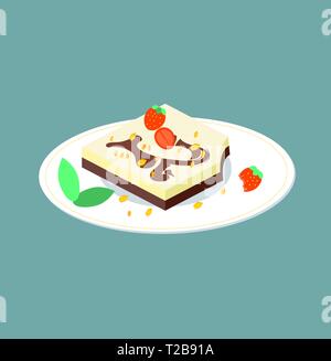Bitten chocolate dessert on a white plate. Illustration of a square cake with different layers of chocolate with strawberries. Milk-chocolate jelly. V Stock Vector