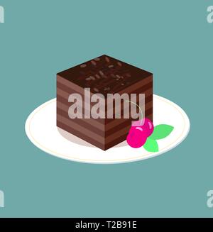 A piece of chocolate cake on white plate. Square dark chocolate sponge cake with confiture, cake, sprinkles. Cherries and mint leaves. Illustration of Stock Vector