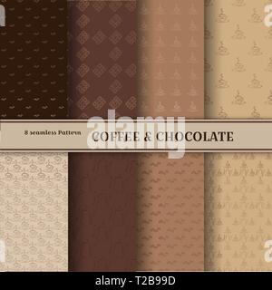Stylish Coffee seamless pattern. Illustration of a coffee pot, cup, coffee beans, chocolate contour objects. Vector set of black color in shades of br Stock Vector