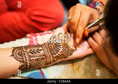 Mehendi or Henna tattoo on hands, India Culture. Stock Photo