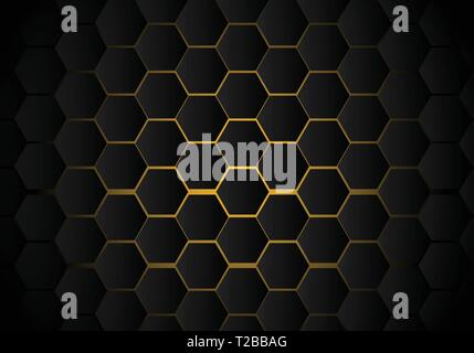 Abstract black hexagon pattern on yellow neon background technology style. Honeycomb. Vector illustration Stock Vector