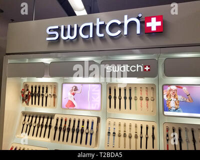 MONTREAL, CANADA - JANUARY 10, 2019: Swatch store and logo in Montreal. Swatch is a Swiss watchmaker founded in 1983 by Nicolas Hayek and a subsidiary Stock Photo