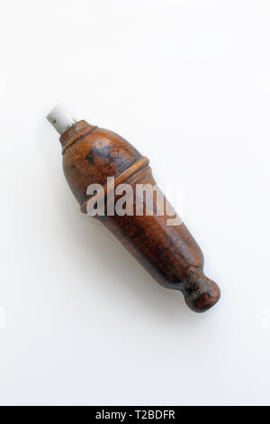 Antique wooden handle switch 40s/60s, white bakelite 50s/60s, isolated on white background, closeup Stock Photo