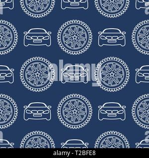 Seamless pattern with cars and wheels. Automotive background. Transport backdrop. Stock Vector