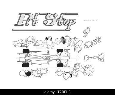 Formula race car in pit stop vector sketch Stock Vector