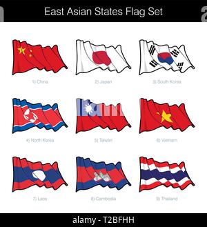 East Asian States Waving Flag Set. The set includes the flags of China, Japan, South and North Korea, Taiwan, Vietnam, Laos, Cambodia and Thailand. Ve Stock Vector