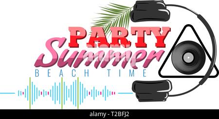 Happy Summer Party Logo with headphone and sound wave icon. Dj concert poster. Vector illustration. Stock Vector