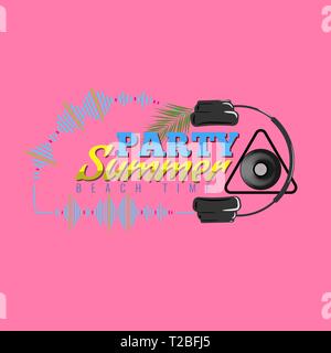 Happy Summer Party Logo with headphone and sound wave icon. Dj concert poster. Vector illustration. Stock Vector